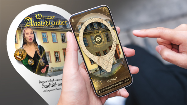 Altstadtzauber: Smartphone mit digitaler Stadtführung in historischer Altstadt