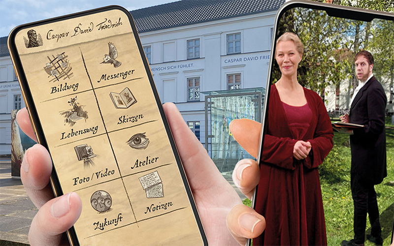 CaspAR AR-App: Caspar David Friedrich als animierter Avatar am Bildweg in Greifswald