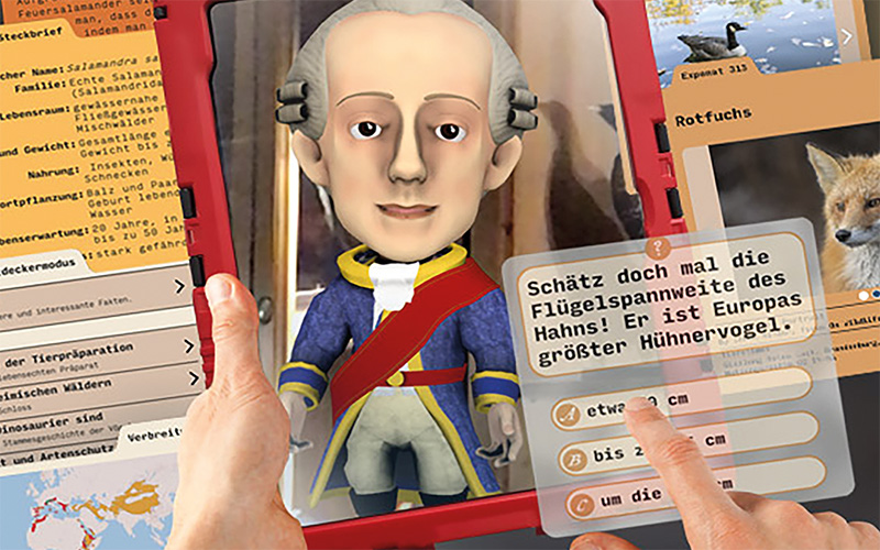 AR-App Schloss Heidecksburg: Animierter 3D-Erzähler vor historischen Tierpräparaten